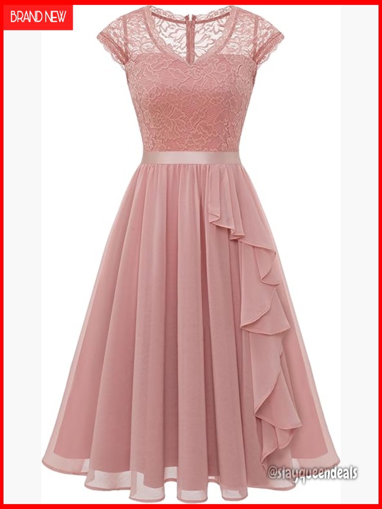 Cap Sleeve V-Neck A-Line Lace Dress With Ruffle